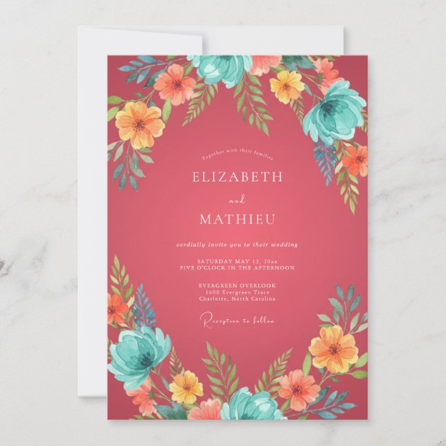 Coral Pink Whimsical Tropical Wedding Invitation (Front)