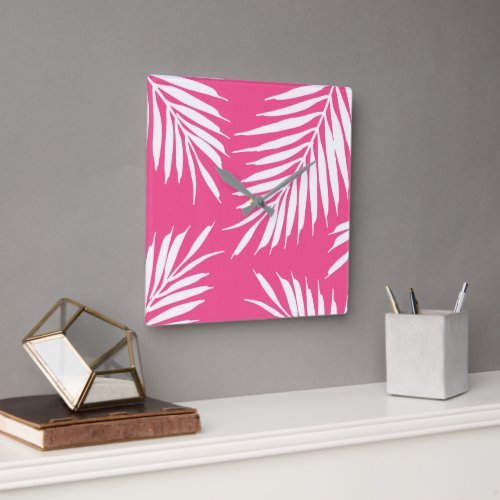 Coral Pink White Acrylic Palm Leaves  Square Wall Clock