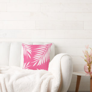 Coral Pink, White Acrylic Palm Leaves Throw Pillow