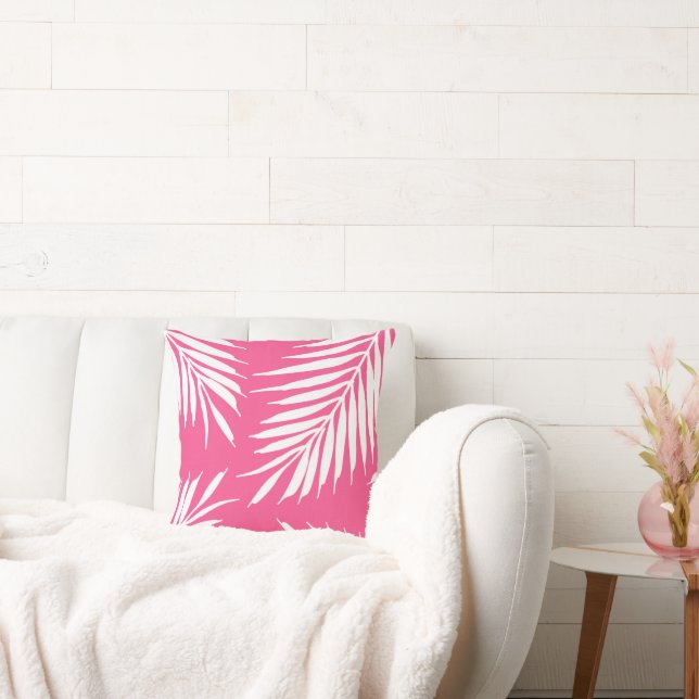 Coral Pink, White Acrylic Palm Leaves Throw Pillow (Couch)
