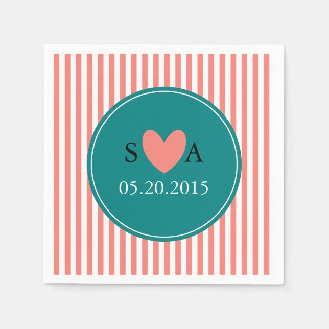 Coral Pink, White and Teal Wedding Napkins (Front)