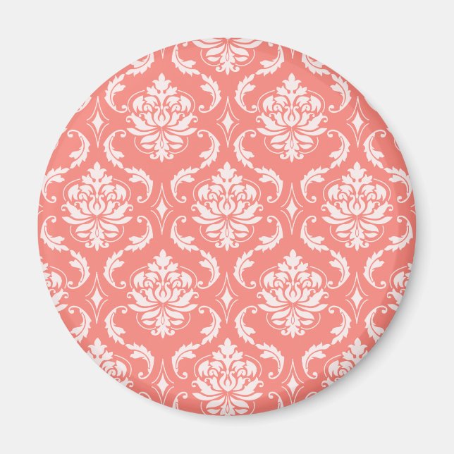 Coral Pink White Classic Damask Pattern Magnet (Front)