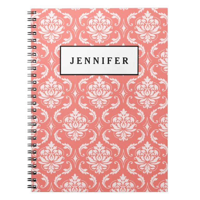 Coral Pink White Classic Damask Pattern Notebook (Front)