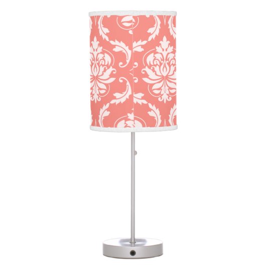 Coral Pink White Classic Damask Pattern Table Lamp (Back)
