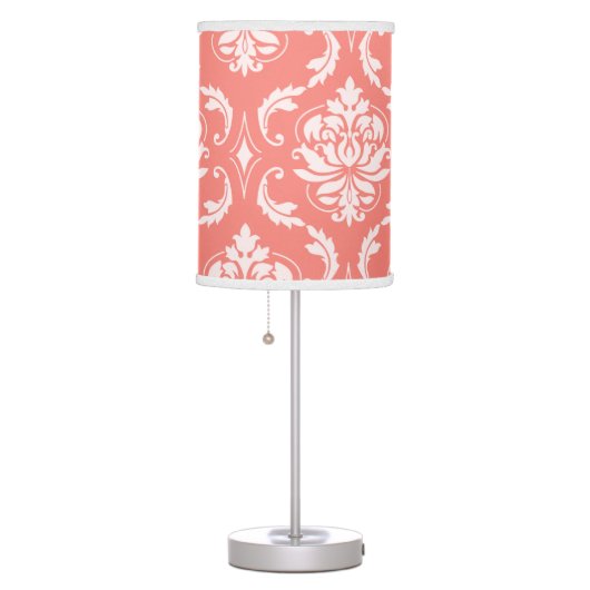 Coral Pink White Classic Damask Pattern Table Lamp (Right)
