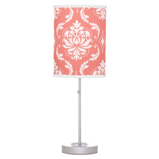 Coral Pink White Classic Damask Pattern Table Lamp (Front)