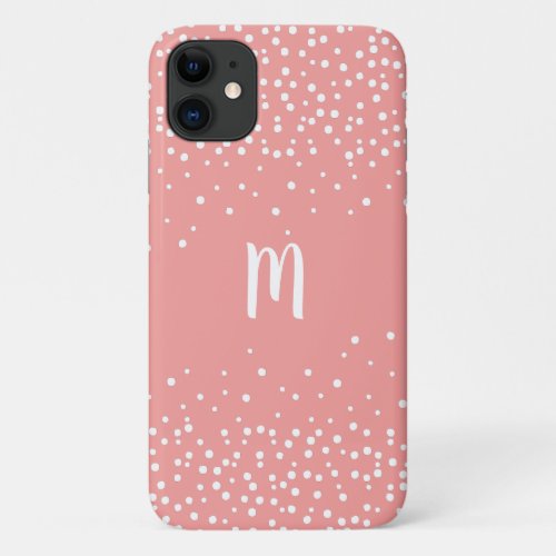 Coral Pink  White Confetti Monogram iPhone 11 Case