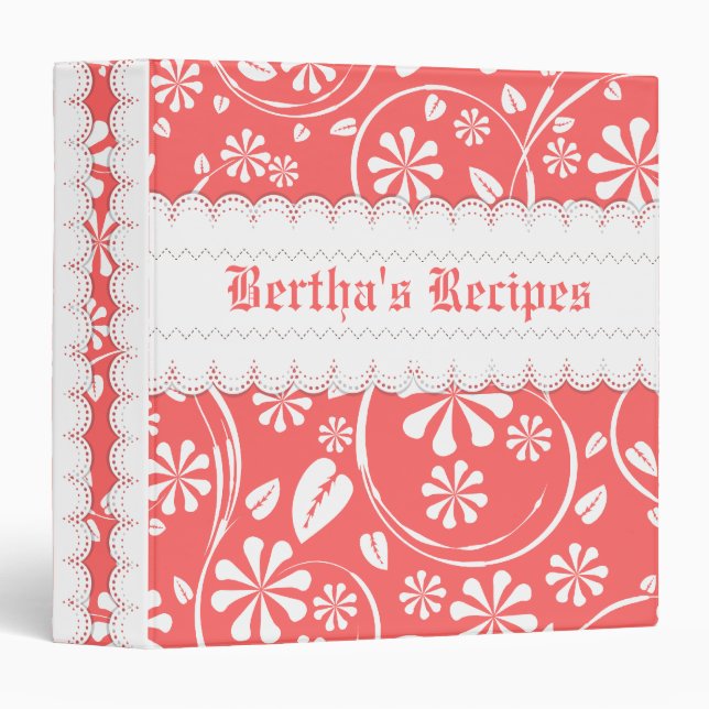 Coral pink, white floral recipe binder (Front/Spine)