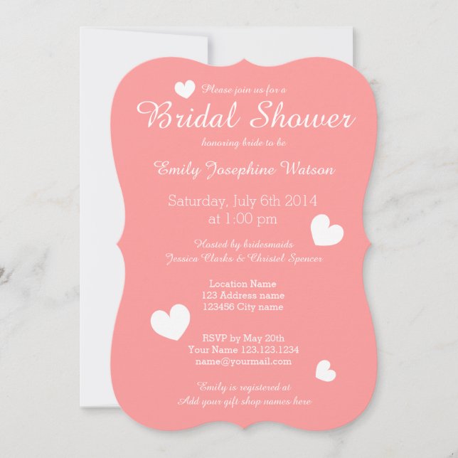 Coral pink & white heart bridal shower invitations (Front)