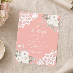 Coral pink white lace wedding invitation