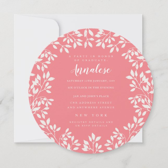 Coral Pink White Leaves Circle Editable Party Invitation (Front)