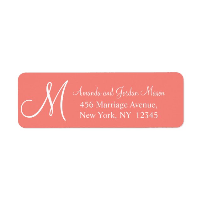 Coral Pink White Monogrammed Wedding Address Label (Front)