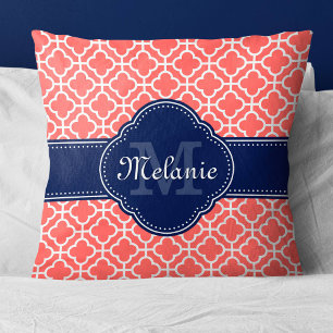 Coral Pink White Moroccan Pattern Navy Monogram Throw Pillow