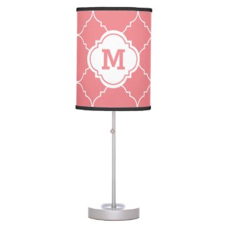 Coral Pink White Quatrefoil Pattern Monogrammed Table Lamp