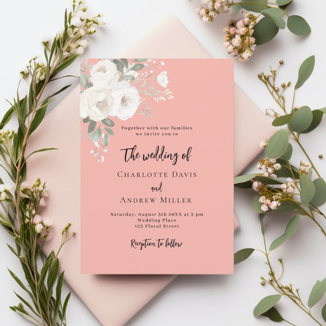 Coral pink white roses florals wedding invitation (Creator Uploaded)