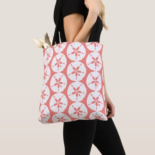Coral Pink White Sand Dollar Seashell Pattern Tote Bag