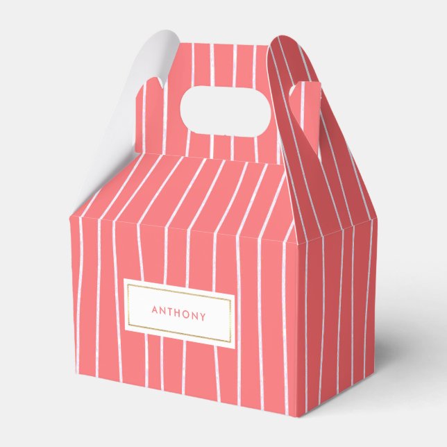 Coral Pink White Stripe Pattern Wedding Favor Box (Front Side)