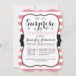 Coral Pink & White Stripes Surprise Party Invitation