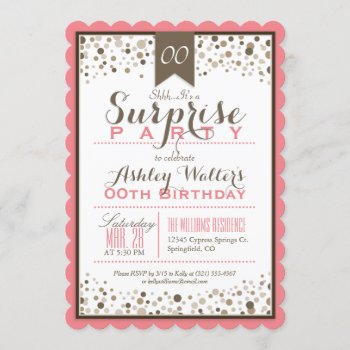 Coral Pink  White  Taupe Surprise Party Invitation by Card_Stop at Zazzle