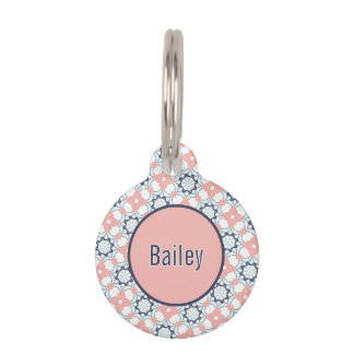 Coral Pink White Teal and Navy Blue Kaleidoscope Pet ID Tag