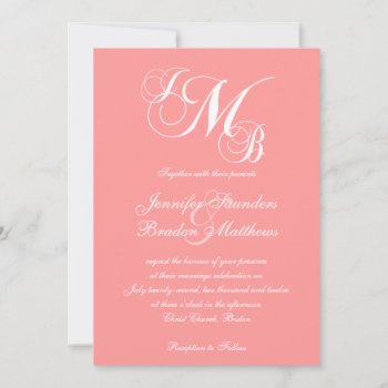 Coral Pink White Three Letter Wedding Invitations by ElegantMonograms at Zazzle