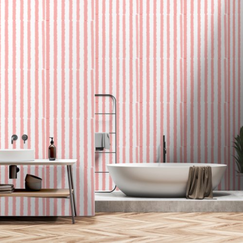 Coral Pink White Vertical Watercolor Stripes Wallpaper