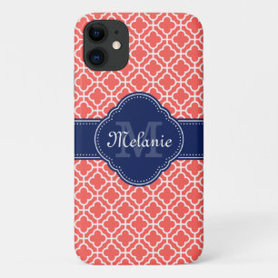 Coral Pink Wht Moroccan Pattern Navy Monogram iPhone 11 Case