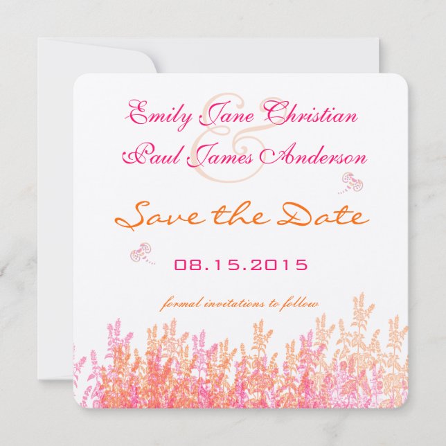 Coral & Pink Wild Flower Bee Wedding Save the Date (Front)