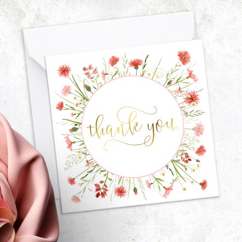 Coral Pink Wildflower Gold Script Thank You Note Card
