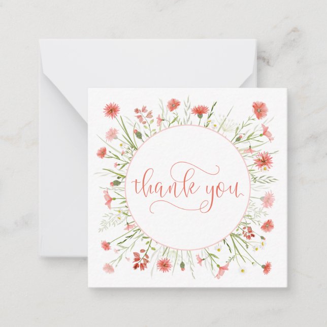 Coral Pink Wildflower Thank You Pretty Script Font Note Card (Front)