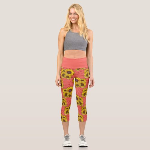 Coral Pink With Bright Yellow Watercolor Sunflower Capri Leggings