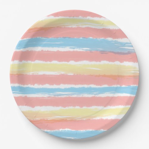 Coral Pink Yellow Blue Watercolor Stripes Pattern Paper Plates
