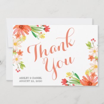 Coral  Pink & Yellow Daisies Floral Thank You Card by kersteegirl at Zazzle