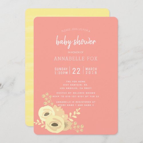 Coral Pink Yellow Floral Baby Shower Invitation