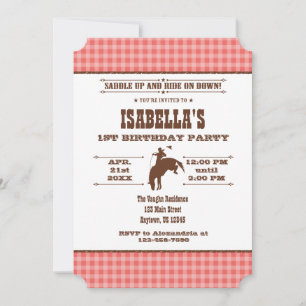 Coral Plaid Cowboy Rodeo Birthday Invitation