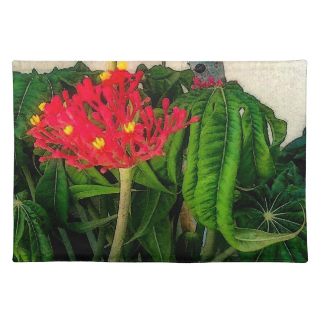 Coral Plant Leaves and Flowers Cloth Placemat (Front)
