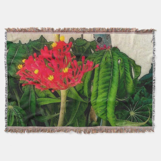 Coral Plant Leaves and Flowers Throw Blanket (Front)
