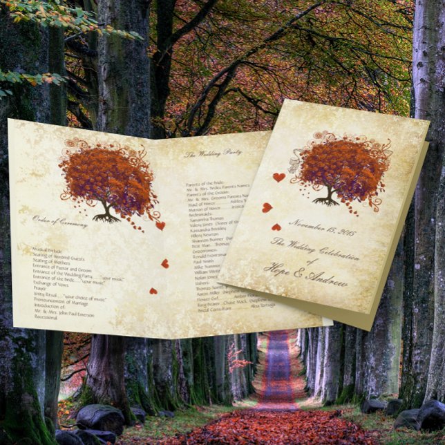 Coral Plum Heart Leaf Tree Gold Wedding Program (Creator Uploaded)