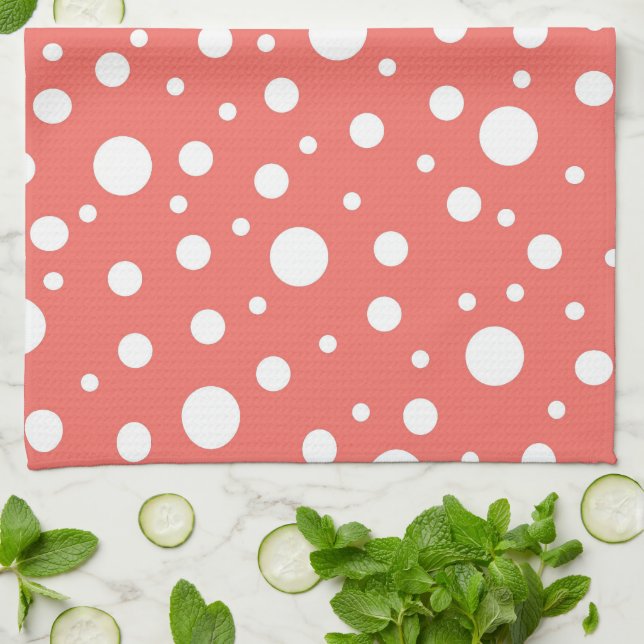 Coral Polka Dot Kitchen Towel (Folded)