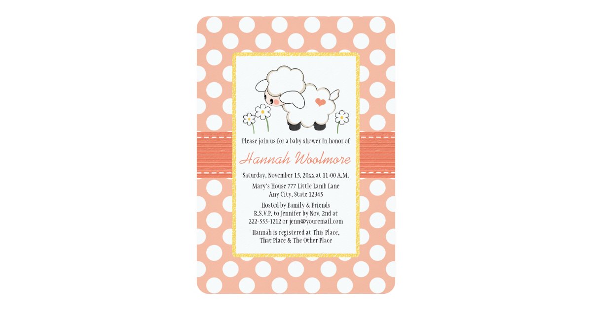 Coral Polka Dot Lamb Baby Shower Invitation
