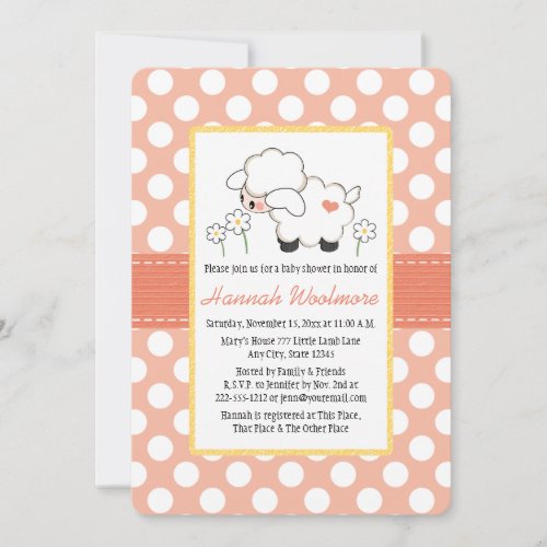 Coral Polka Dot Lamb Baby Shower Invitation