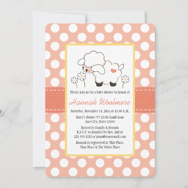 Coral Polka Dot Lamb Baby Shower Invitation (Front)