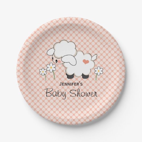Coral Polka Dot Lamb Baby Shower Paper Plates