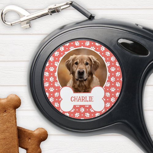 Personalized Pet Gifts 6 Coral Polka Dot Paw Print Dog Bone Pet Photo Retractable Pet Leash