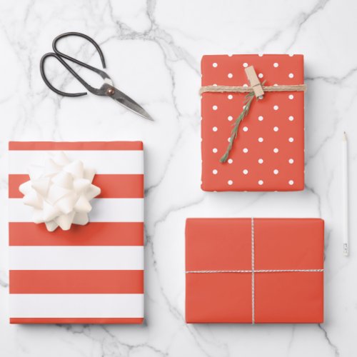 Coral Polka Dot Wide Striped and Solid Wrapping Paper Sheets