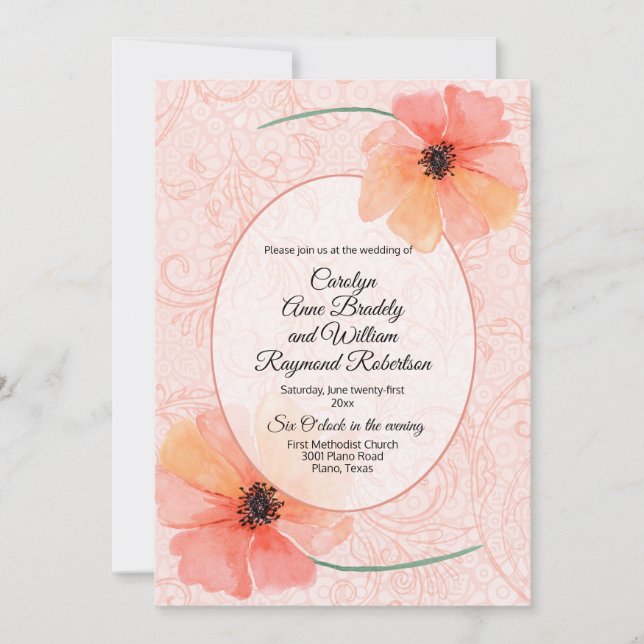 Coral Poppies and Flourishes Wedding Invitation (Front)