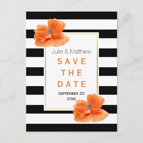 Coral poppies and stripes wedding Save the Date Announcement Postcard