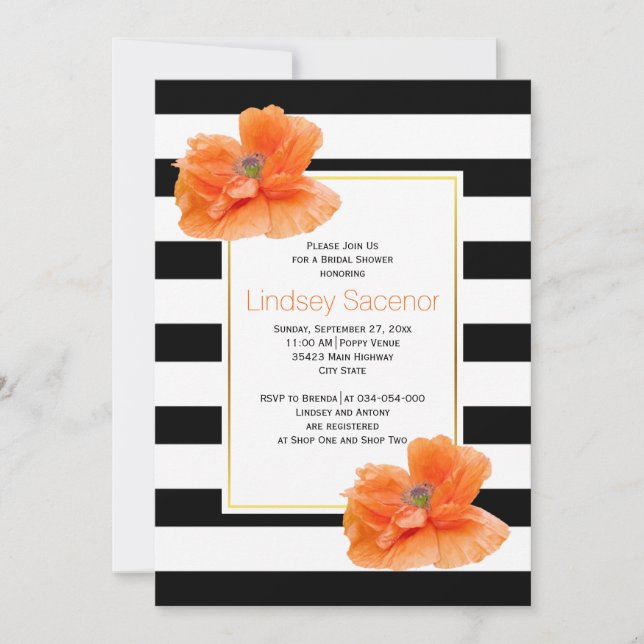 Coral poppies, black white wedding bridal shower invitation (Front)