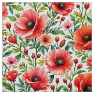 Coral Poppies Botanical Watercolor Fabric