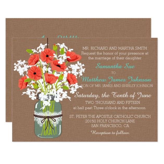 Coral Poppies Mason Jar Burlap Rustic Wedding Invitation